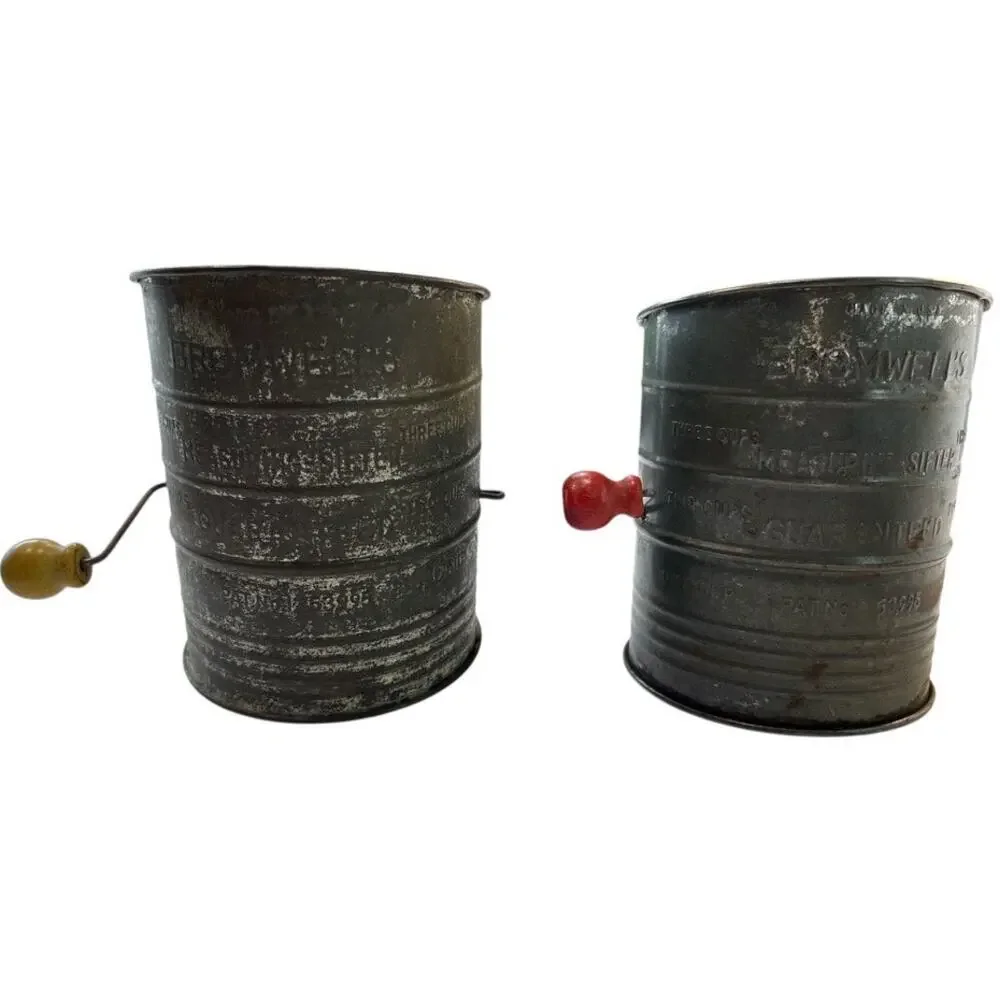 Vtg Bromwells 3 C Flour Measuring Sifter Set 2 Wood Crank Handle Made USA Decor